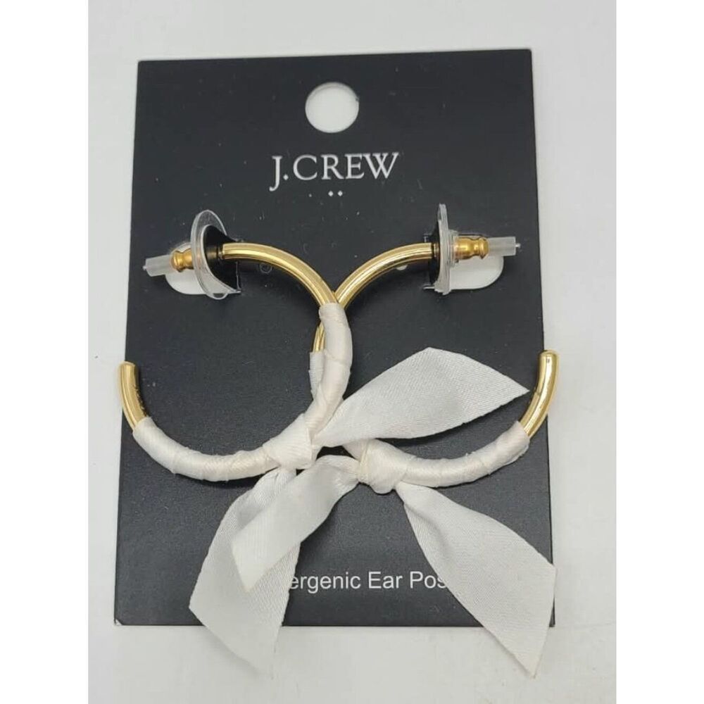 J Crew Factory White Ribbon Wrapped Gold Tone Hoop Earrings NWT